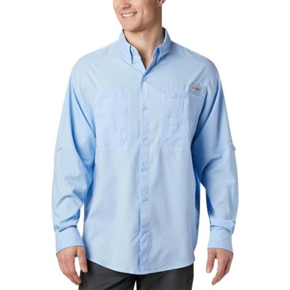 Columbia Men PFG Tamiami II Sail Blue Outdoor Button Down Shirt Medium